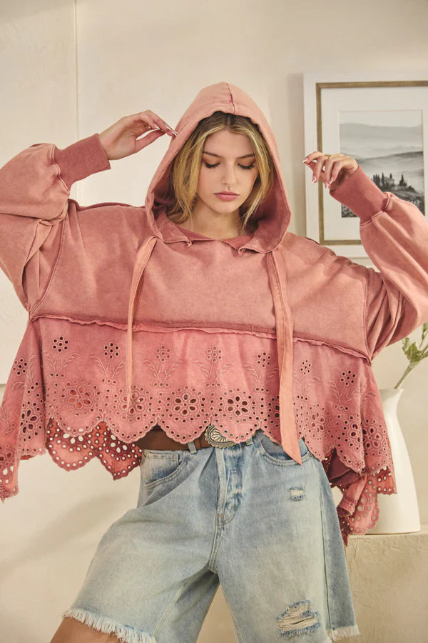 Washed French Terry Eyelet Mix Hoodie Sweatshirt - Oli & Hali