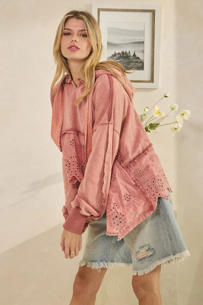 Washed French Terry Eyelet Mix Hoodie Sweatshirt - Oli & Hali
