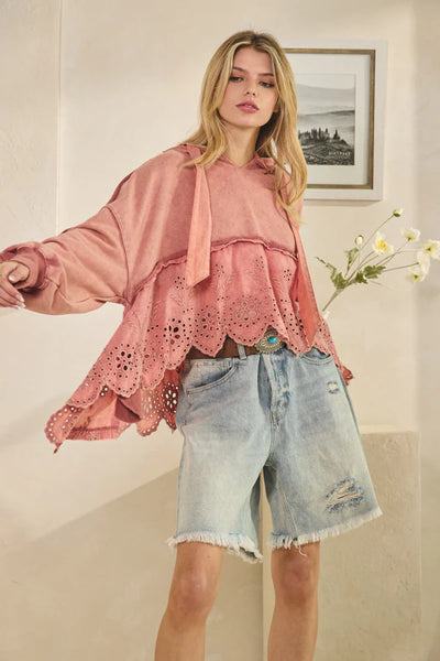 Washed French Terry Eyelet Mix Hoodie Sweatshirt - Oli & Hali