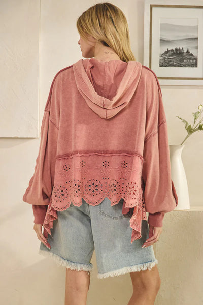 Washed French Terry Eyelet Mix Hoodie Sweatshirt - Oli & Hali