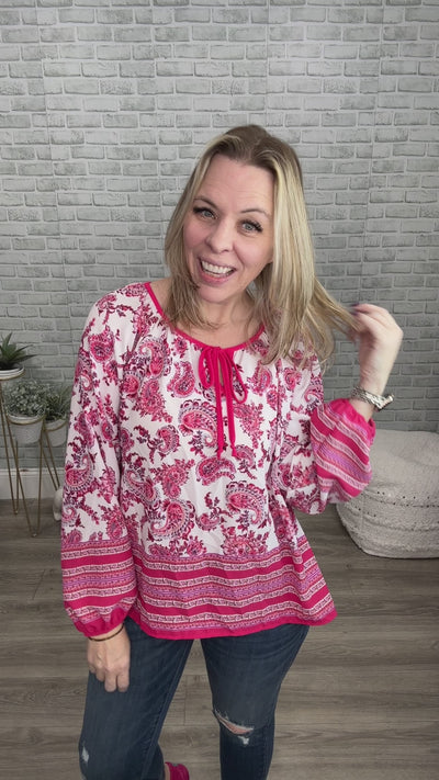 Pink Boho & Floral Print Peasant Top with Keyhole and Tie String