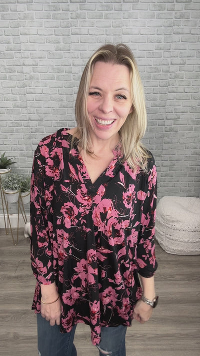 Black & Mauve Mandarin Collar 3/4 Sleeve Tunic Top