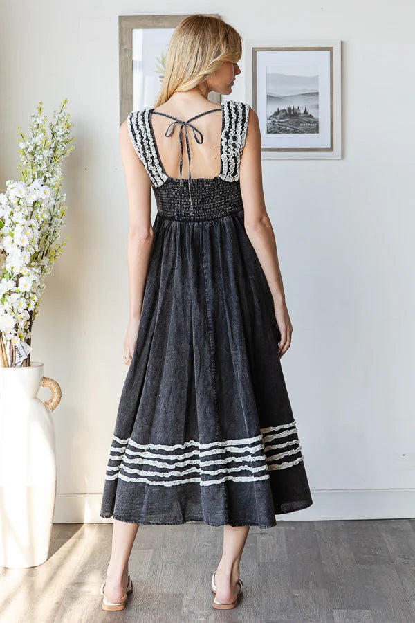 Mineral Washed Black Tie Back Dress with Frill Detail and Pockets