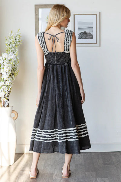 Mineral Washed Black Tie Back Dress with Frill Detail and Pockets
