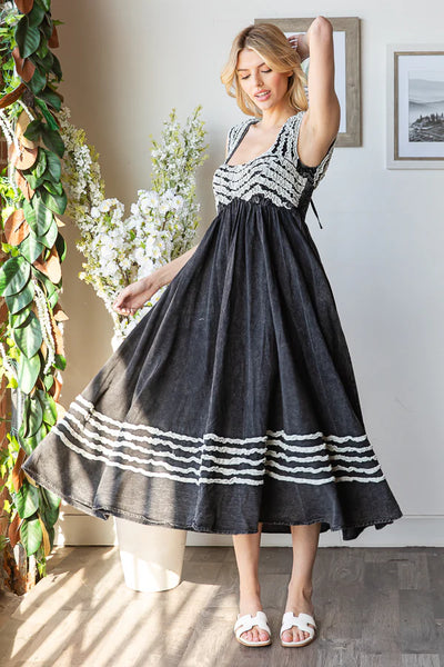 Mineral Washed Black Tie Back Dress with Frill Detail and Pockets