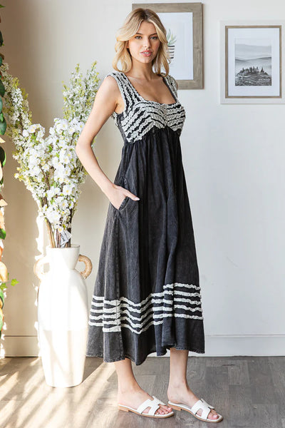 Mineral Washed Black Tie Back Dress with Frill Detail and Pockets