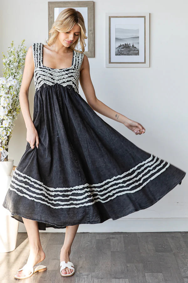 Mineral Washed Black Tie Back Dress with Frill Detail and Pockets