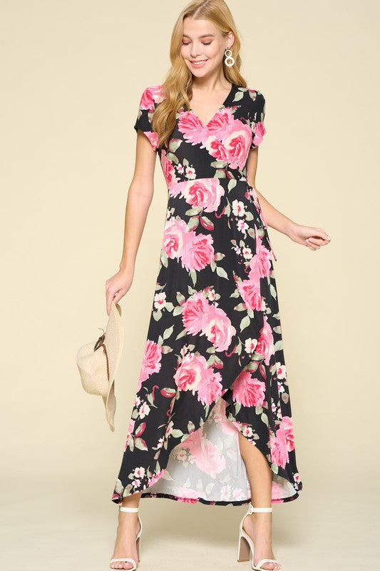 fuchsia floral maxi dress Black & Fuchsia Floral Faux Wrap Maxi Dress with Hi Low Hemline M