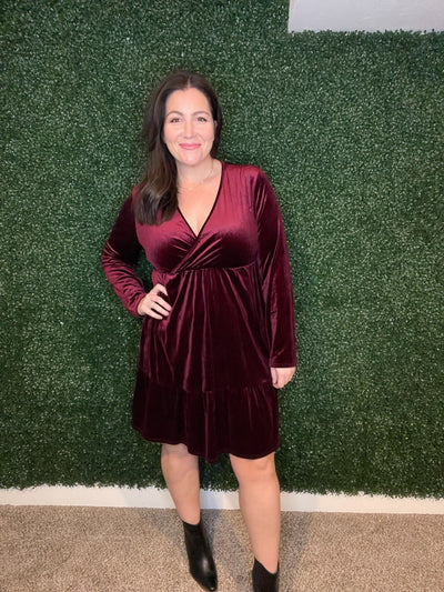 Jentsyn Velvet V-Neck Dress in Wine