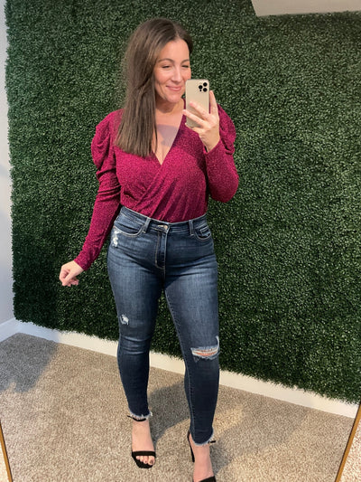 Take Me Out Faux Wrap Bodysuit In Magenta with Tiny Sparkles