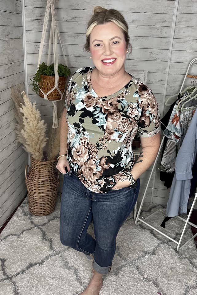 Baskets of Flowers Brown Floral Relaxed Top