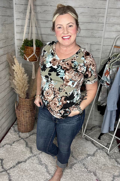 Baskets of Flowers Brown Floral Relaxed Top