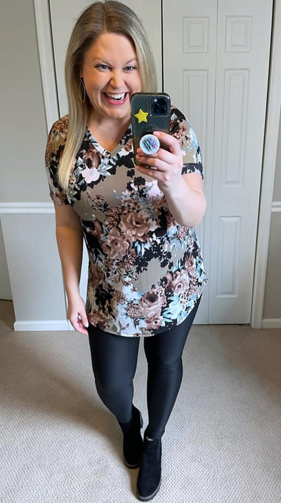 Baskets of Flowers Brown Floral Relaxed Top