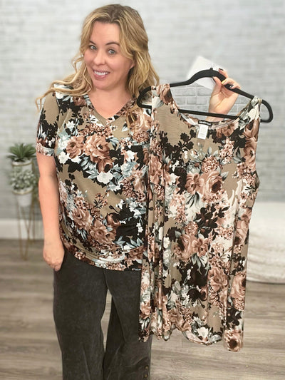 Baskets of Flowers Brown Floral Relaxed Top