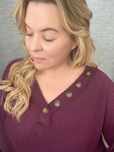 Long Sleeve Waffle Knit Top In Eggplant