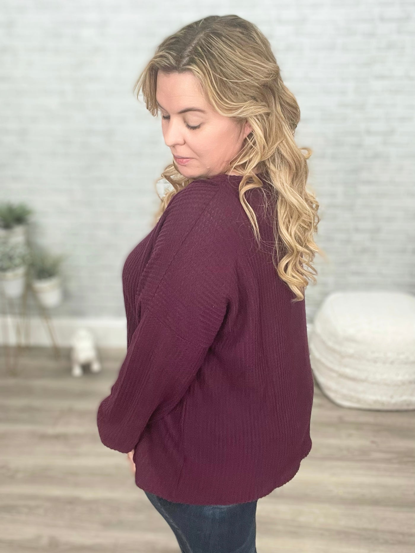 Long Sleeve Waffle Knit Top In Eggplant