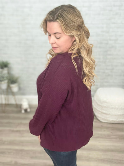 Long Sleeve Waffle Knit Top In Eggplant