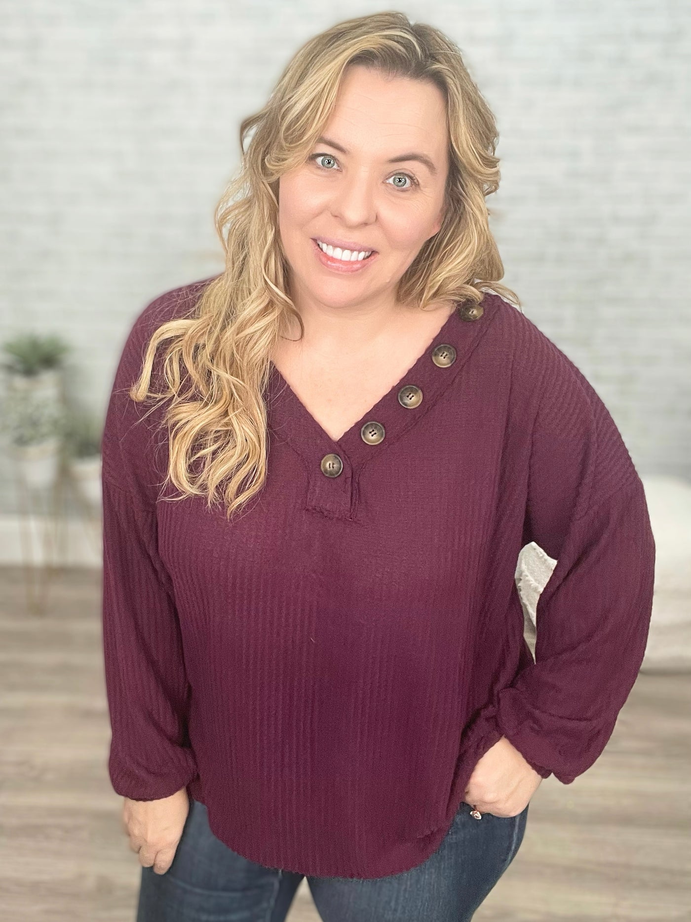 Long Sleeve Waffle Knit Top In Eggplant