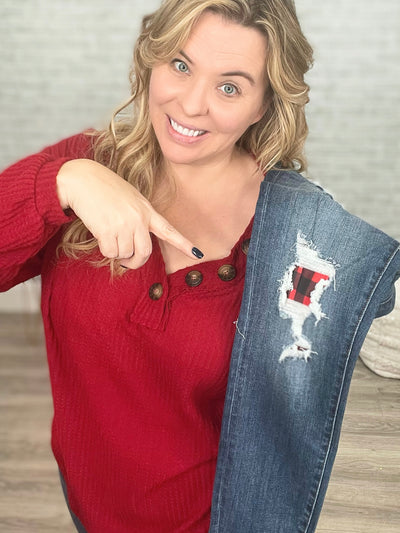 Long Sleeve Waffle Knit Top In Cranberry