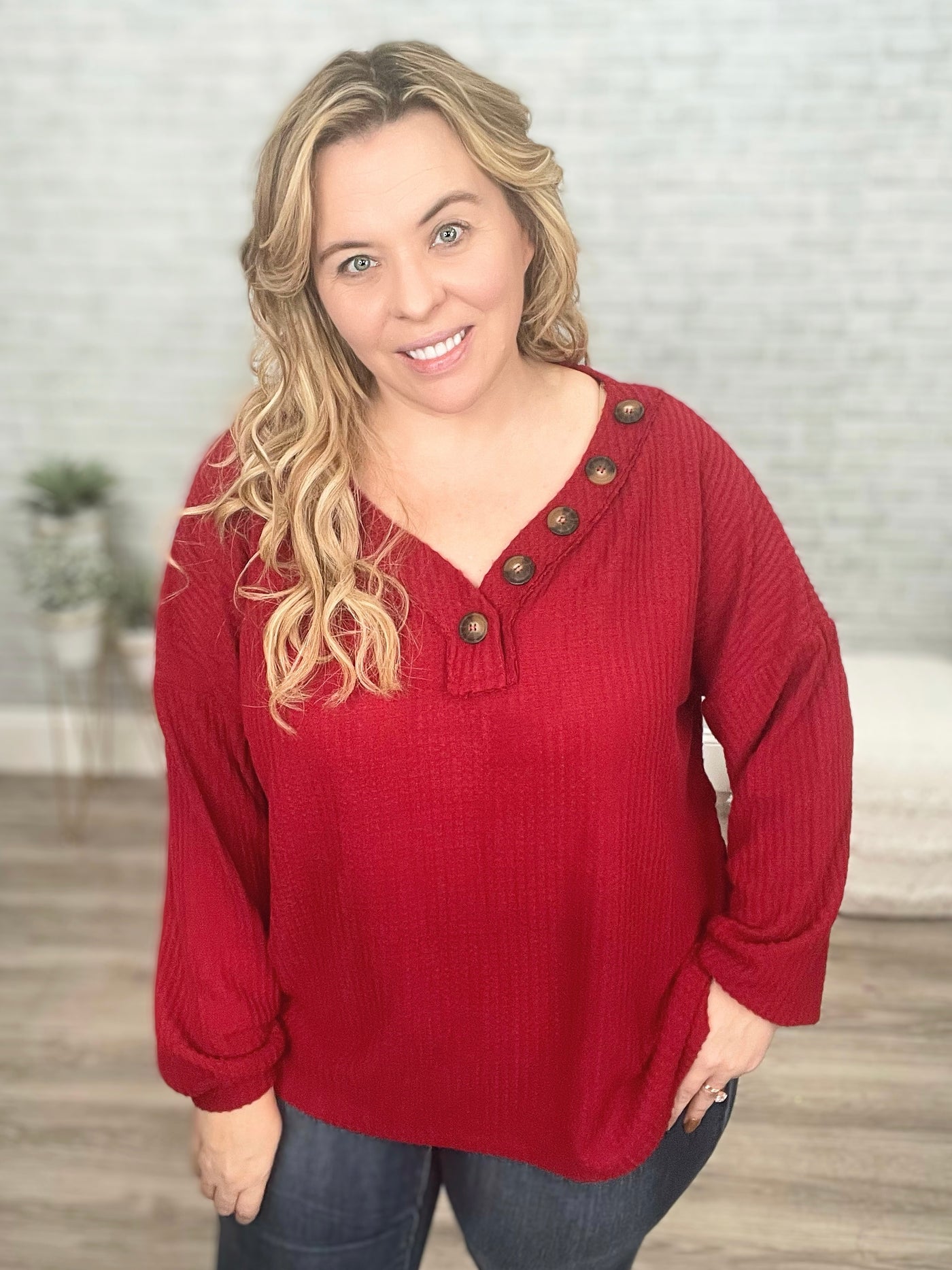 Long Sleeve Waffle Knit Top In Cranberry
