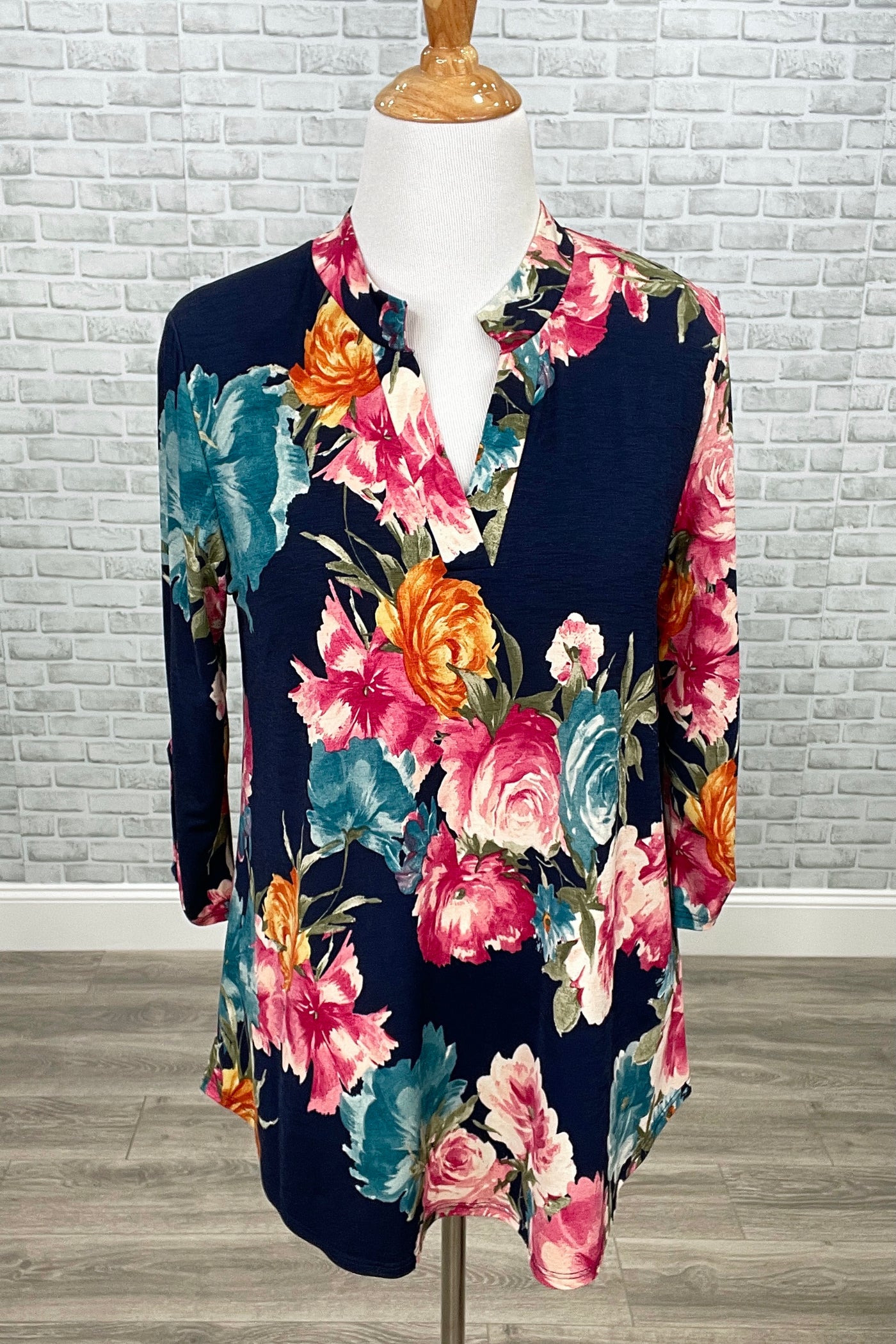Navy Floral Mandarin Collar Gabby Tunic from Honey Me