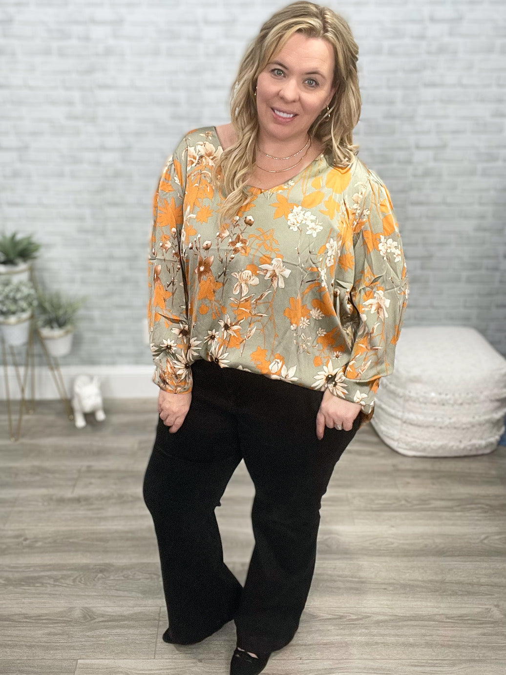 Chantry V Neck Floral Blouse in Sage