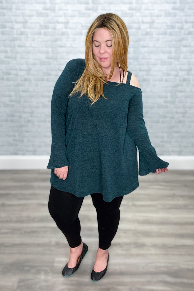 Emerald Green Shoulder Detail Top with Ruffle Sleeves