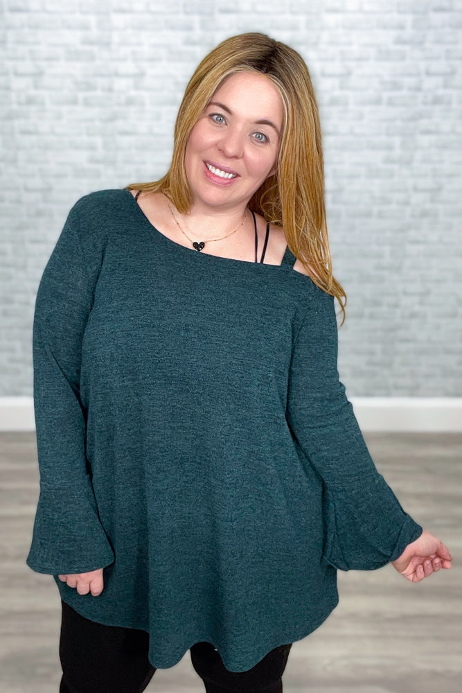 Emerald Green Shoulder Detail Top with Ruffle Sleeves