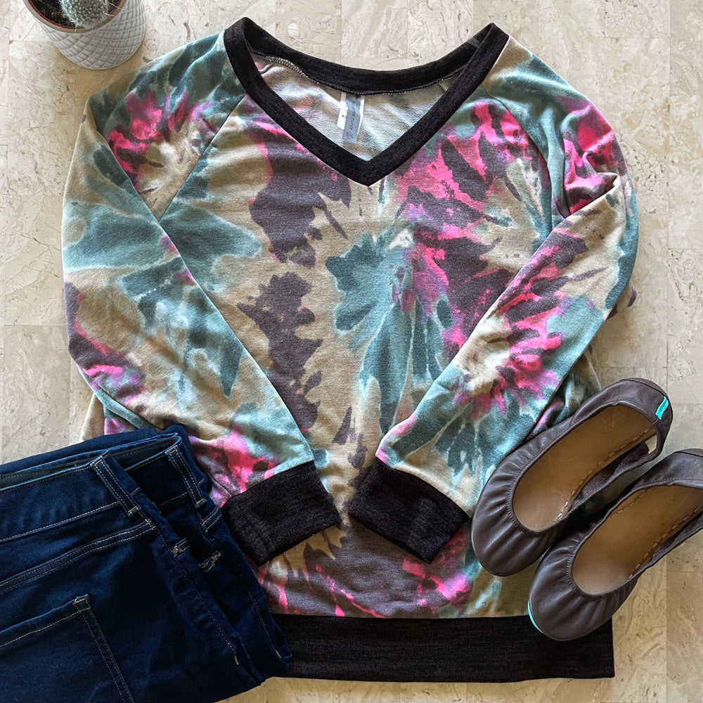 Aqua and Hot Pink Floral Top with Dark Brown Trim