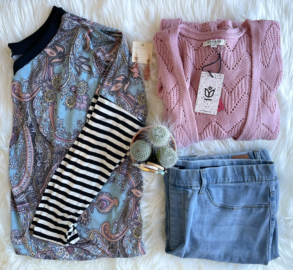 Mint Paisley Print with Black and White Stripe Sleeves V-Neck Top