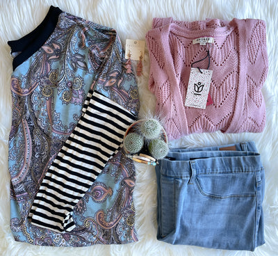 Mint Paisley Print with Black and White Stripe Sleeves V-Neck Top