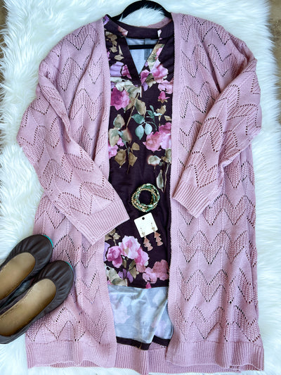 Brown & Pink Floral 3/4 Sleeve Mandarin Collar "Gabby" Tunic Top