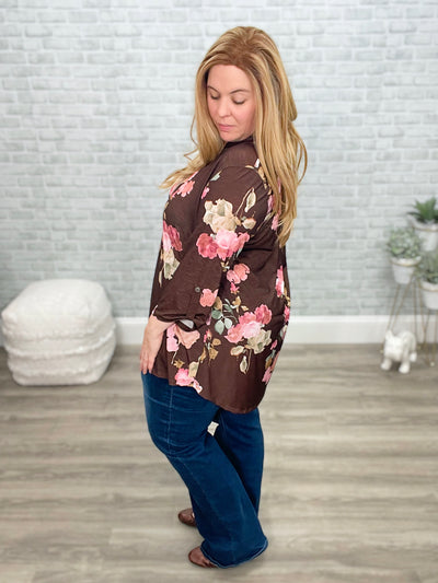 Brown & Pink Floral 3/4 Sleeve Mandarin Collar "Gabby" Tunic Top