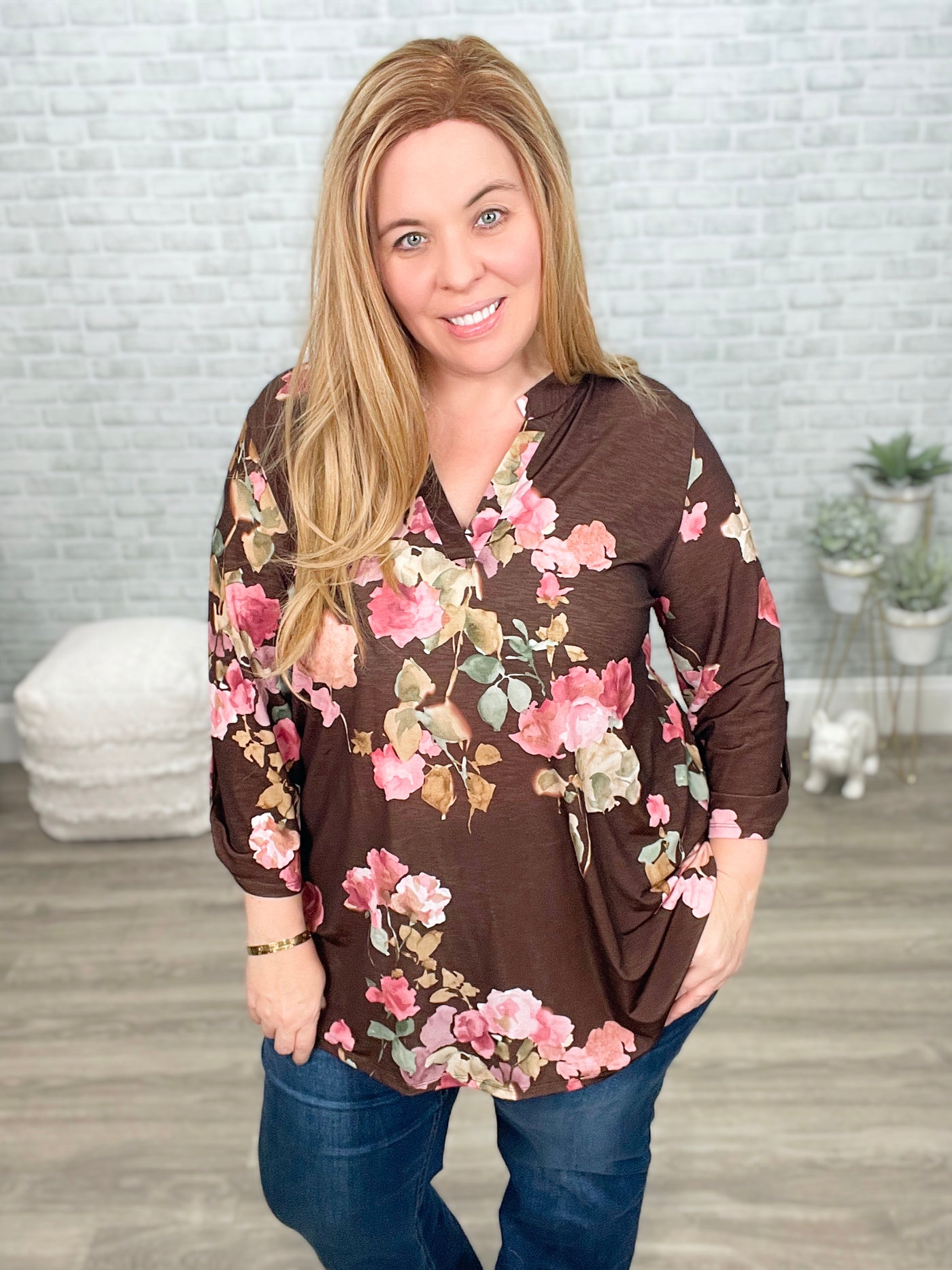 Brown & Pink Floral 3/4 Sleeve Mandarin Collar "Gabby" Tunic Top
