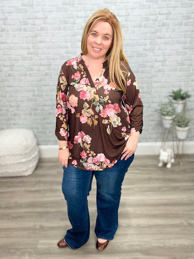 Brown & Pink Floral 3/4 Sleeve Mandarin Collar "Gabby" Tunic Top