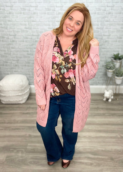 Brown & Pink Floral 3/4 Sleeve Mandarin Collar "Gabby" Tunic Top