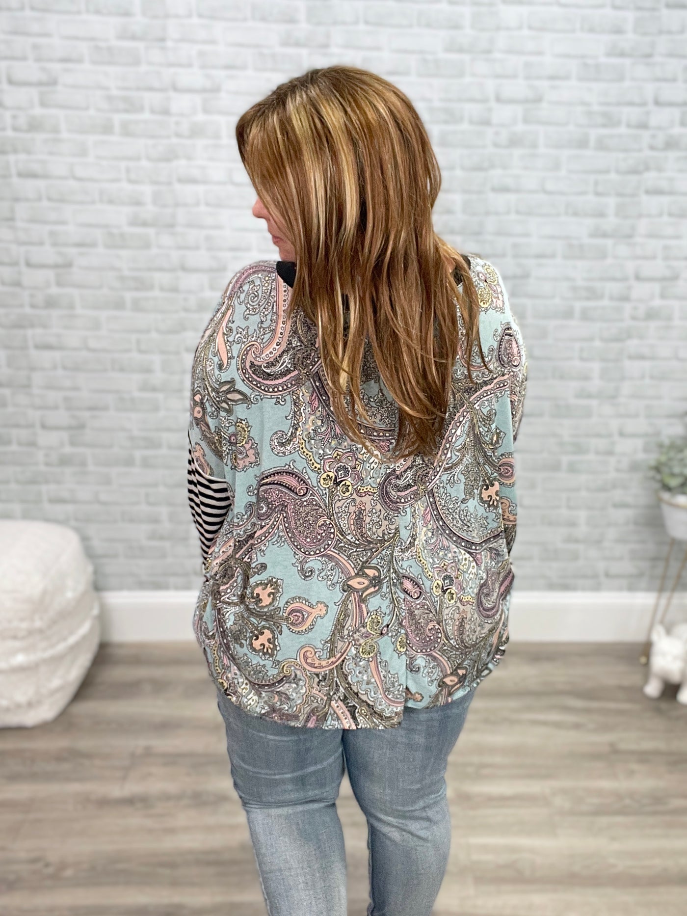 Mint Paisley Print with Black and White Stripe Sleeves V-Neck Top