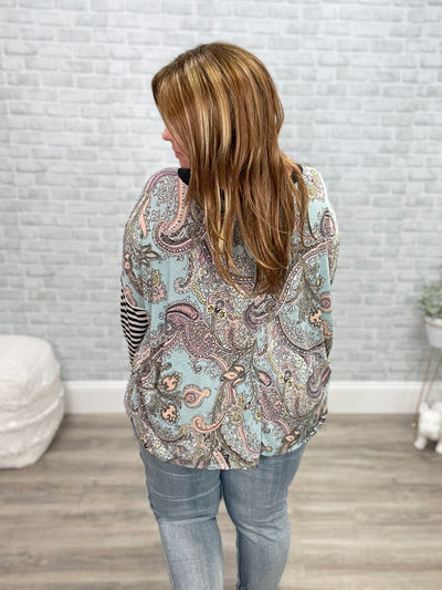 Mint Paisley Print with Black and White Stripe Sleeves V-Neck Top