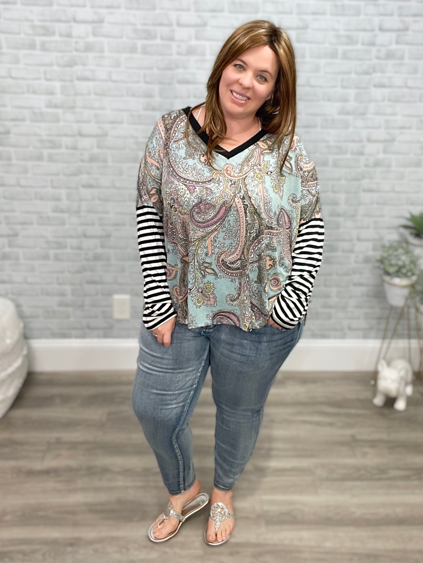 Mint Paisley Print with Black and White Stripe Sleeves V-Neck Top