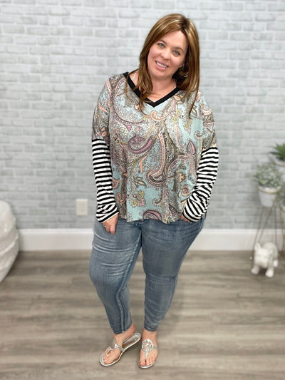 Mint Paisley Print with Black and White Stripe Sleeves V-Neck Top