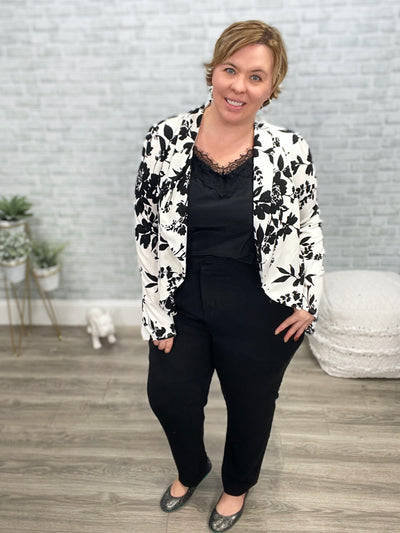 Stretchy Figure Flattering Blazer - Black and White Floral