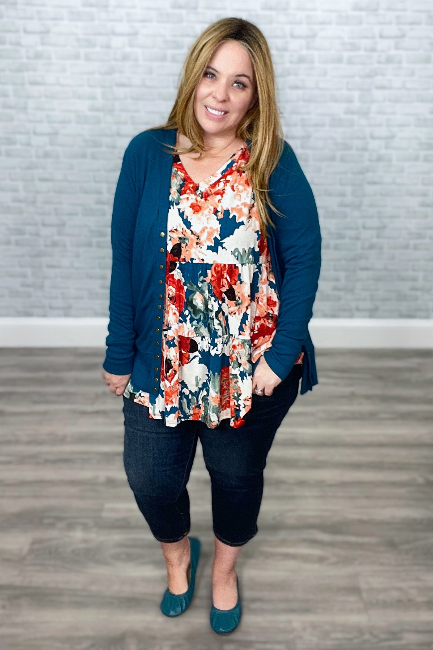 Teal & Rust Floral Tiered Babydoll V-Neck Top