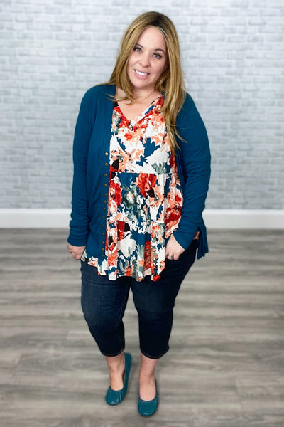 Teal & Rust Floral Tiered Babydoll V-Neck Top