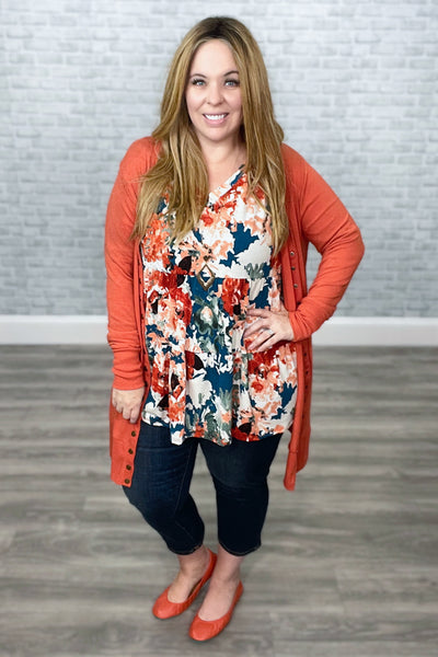 Teal & Rust Floral Tiered Babydoll V-Neck Top