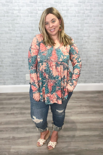 Teal & Peach Animal Print Tie Dye Long Sleeve Babydoll Top