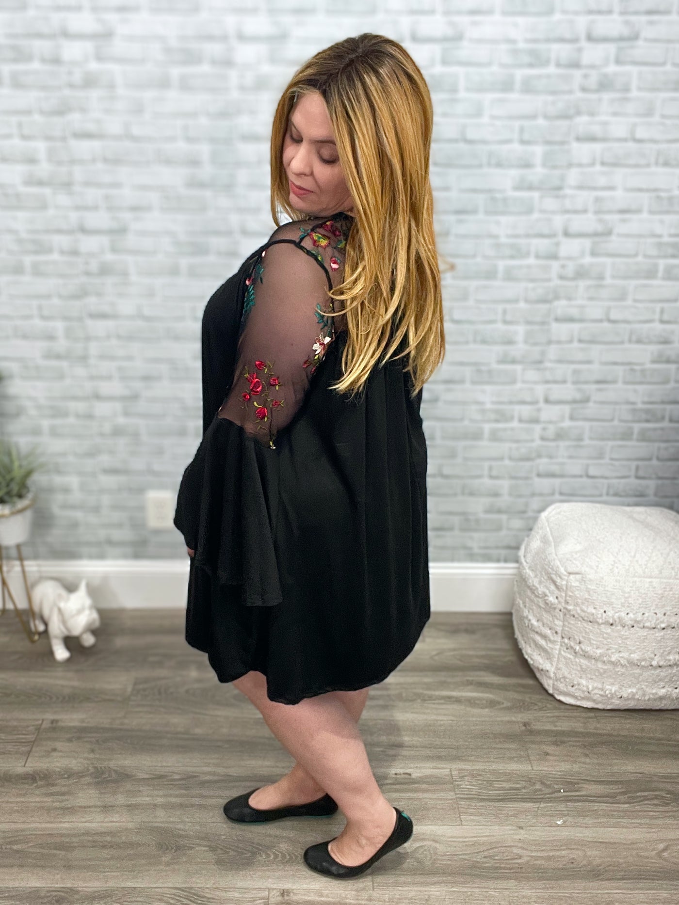 Embroidered Black Swing Dress with Bell Sleeves 1X Embroidered Black Swing Dress with Bell Sleeves 1X