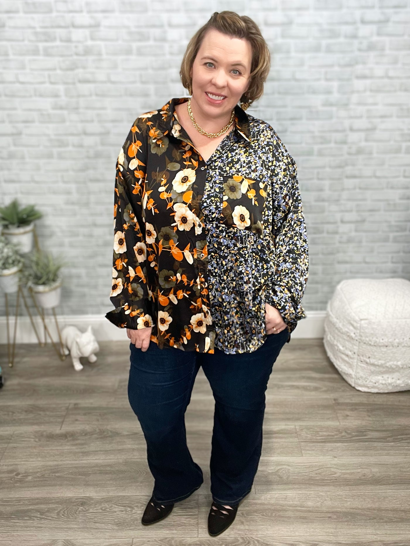 Silk Button Down Two in One Floral Print Blouse