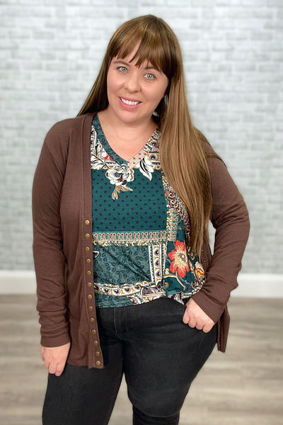 Multi Print Paisley Teal Long Sleeve V-Neck Top