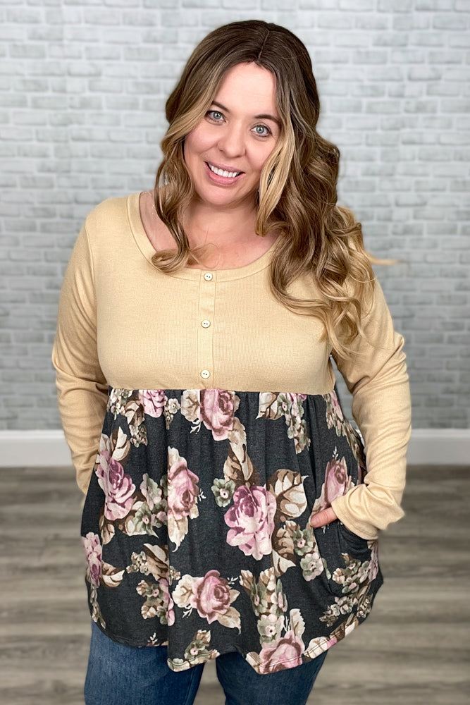 Tan & Floral Babydoll Top with Pockets and Button Detail