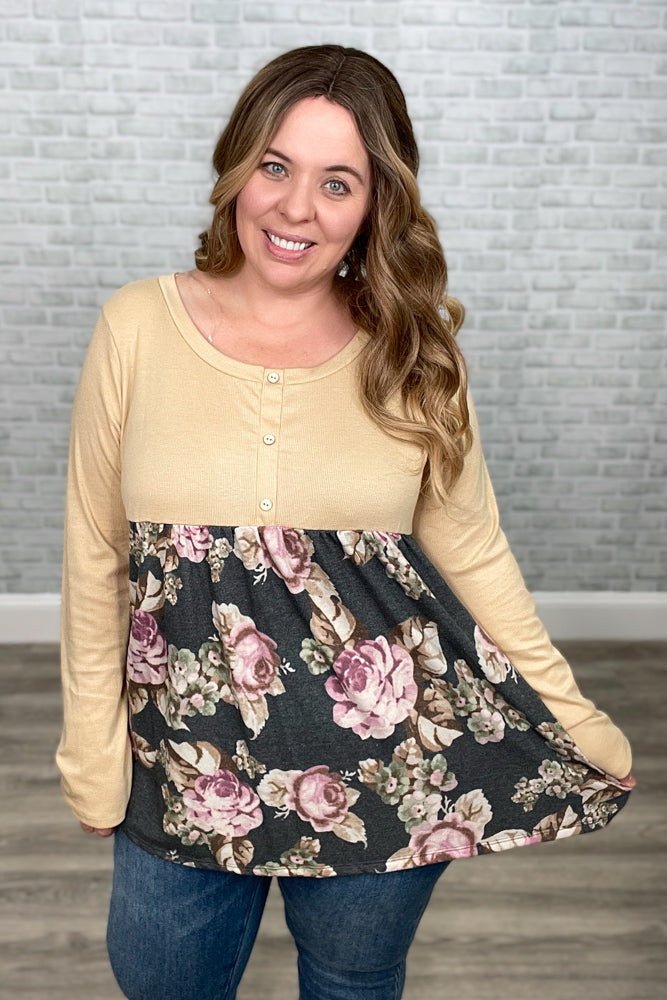 Tan & Floral Babydoll Top with Pockets and Button Detail